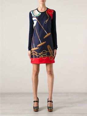 Ralph Lauren Navy Shift Dress with Red Hem and Equestrian Print